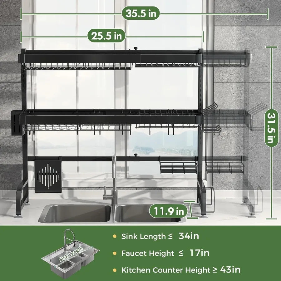 3 Tier Extra Large Stainless Steel Expandable Over The Sink Dish Drainer Drying Rack Rust Proof Metal Space Saving Modern Black