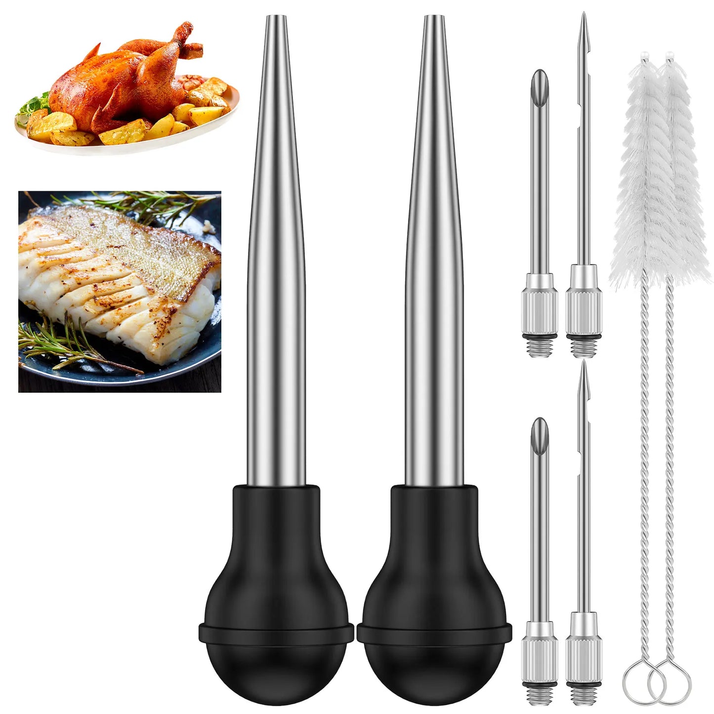 Turkey Baster Set Seasoning Sauce Injection Pump Stainless Steel Turkey Baster Syringe Meat Marinade Injector Needle for Kitchen