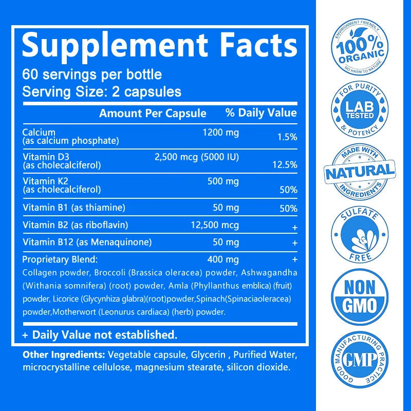 Calcium + Vitamins D3, K2 & B12 + Glucosamine Chondroitin - Supports Bone, Teeth & Muscle Health