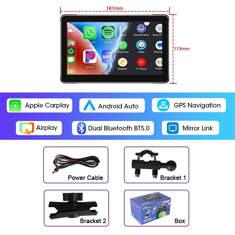 Jansite 5/7 inch Carplay Motorcycle DVR Navigation GPS Wireless CarPlay Android Auto IPX7 Display Screen Portable Moto Monitor