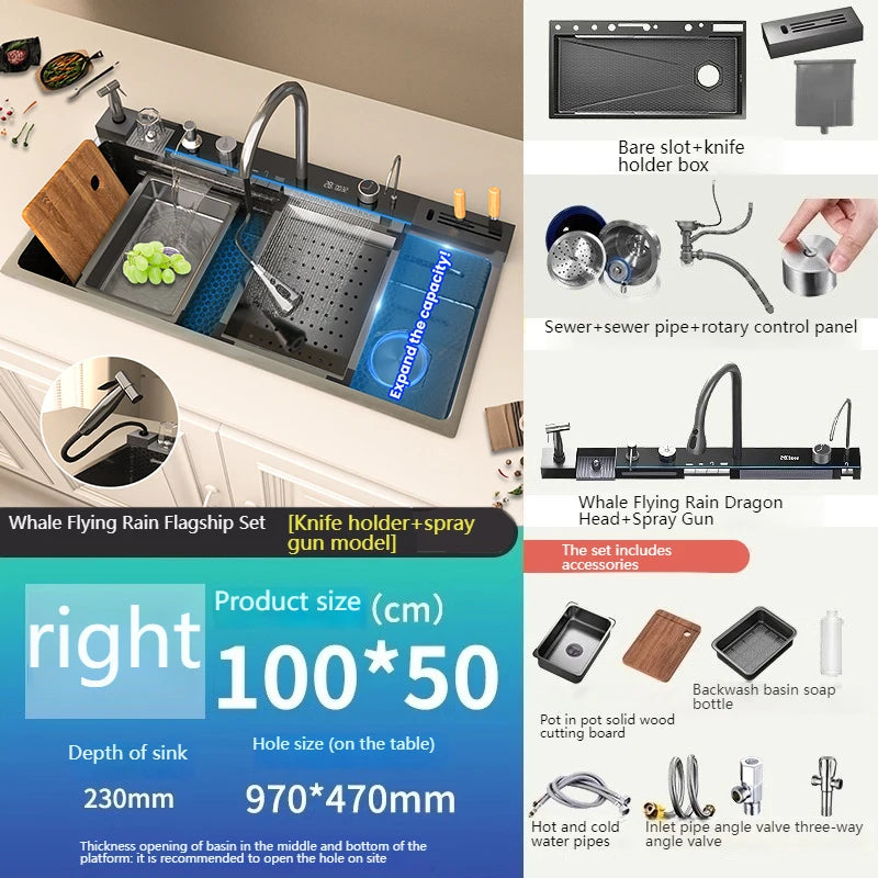 Stainless Steel Waterfall Kitchen Sink New Embossed Extra Large Single Slot Modern Digital Display Multifunctional Kitchen Sinks