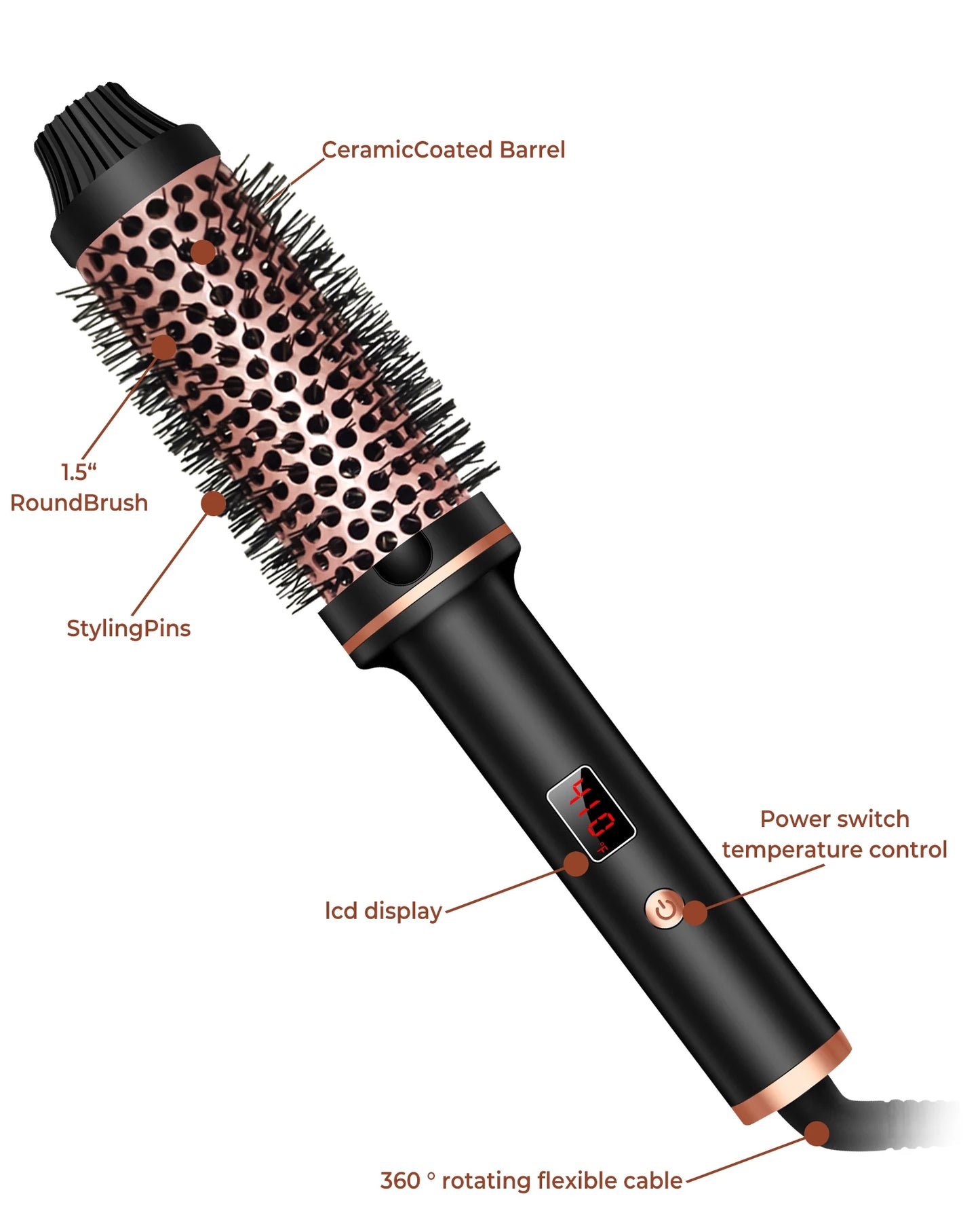 Thermal Brush Ionic Heated Round Brush, Hot Hair Curling Iron with 10 Temp Settings, 30s Fast Heated for All Hair Types, Black