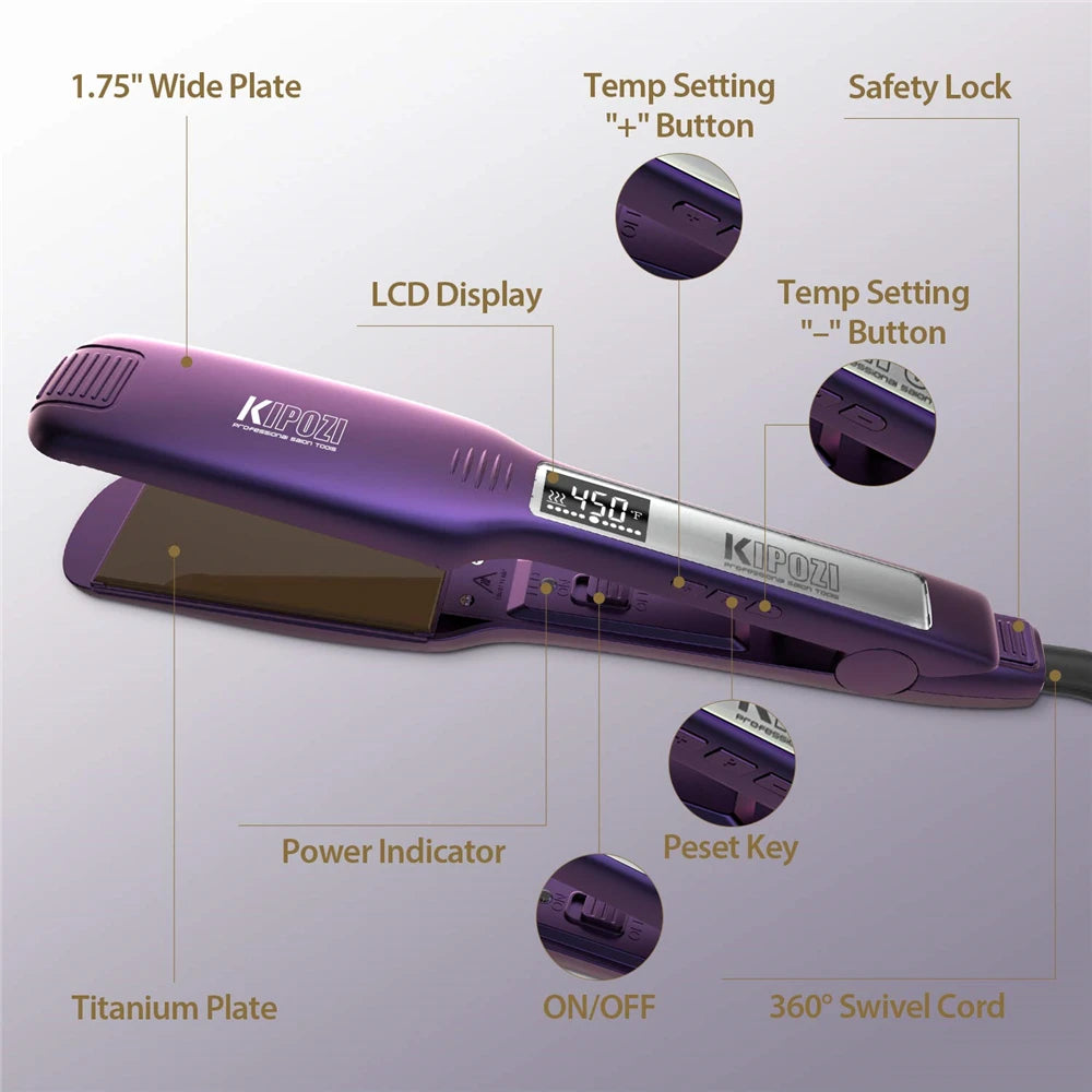 2025 KIPOZI Professional Titanium Flat Iron Hair Straightener with Digital LCD Display Dual Voltage Instant Heating Curling Iron