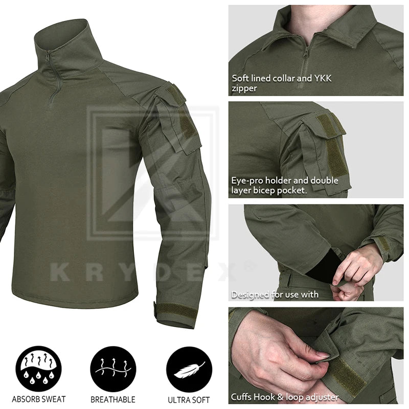 KRYDEX Ranger Green Tactical Combat Shirt For Hunting Outdoor CP Style Outdoor Camouflage Tops + Elbow Pads