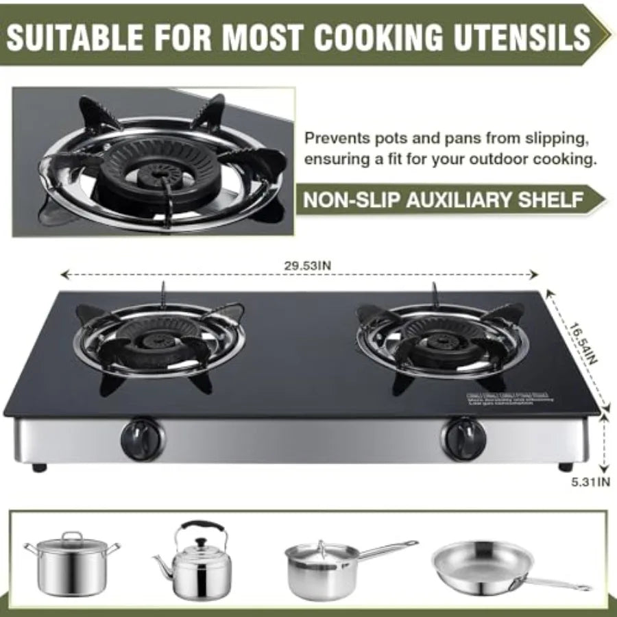 Portable Double Burner Propane Gas Cooktop with Auto Ignition for Outdoor Camping RV and Kitchen Use 19 000 BTU Tempered Glass