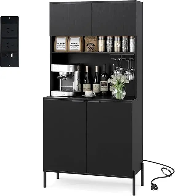 Kitchen Pantry Cabinet with Charging Station, Tall Buffet Hutch, Storage Cabinets, Adjustable Shelves, Wine Racks for Home Organ