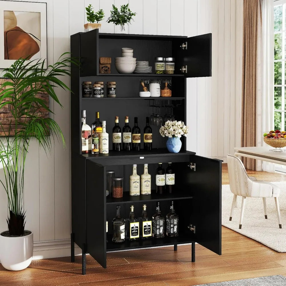 Kitchen Pantry Cabinet with Charging Station, Tall Buffet Hutch, Storage Cabinets, Adjustable Shelves, Wine Racks for Home Organ