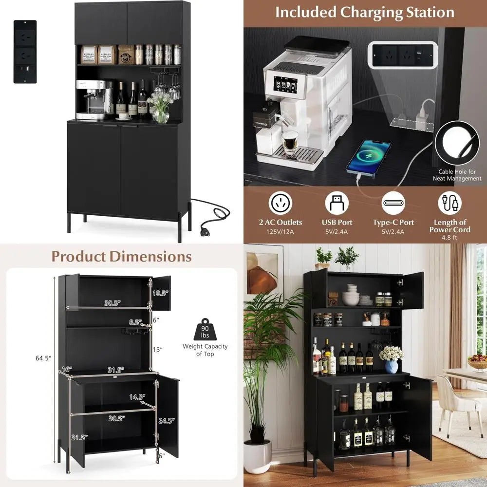 Kitchen Pantry Cabinet with Charging Station, Tall Buffet Hutch, Storage Cabinets, Adjustable Shelves, Wine Racks for Home Organ