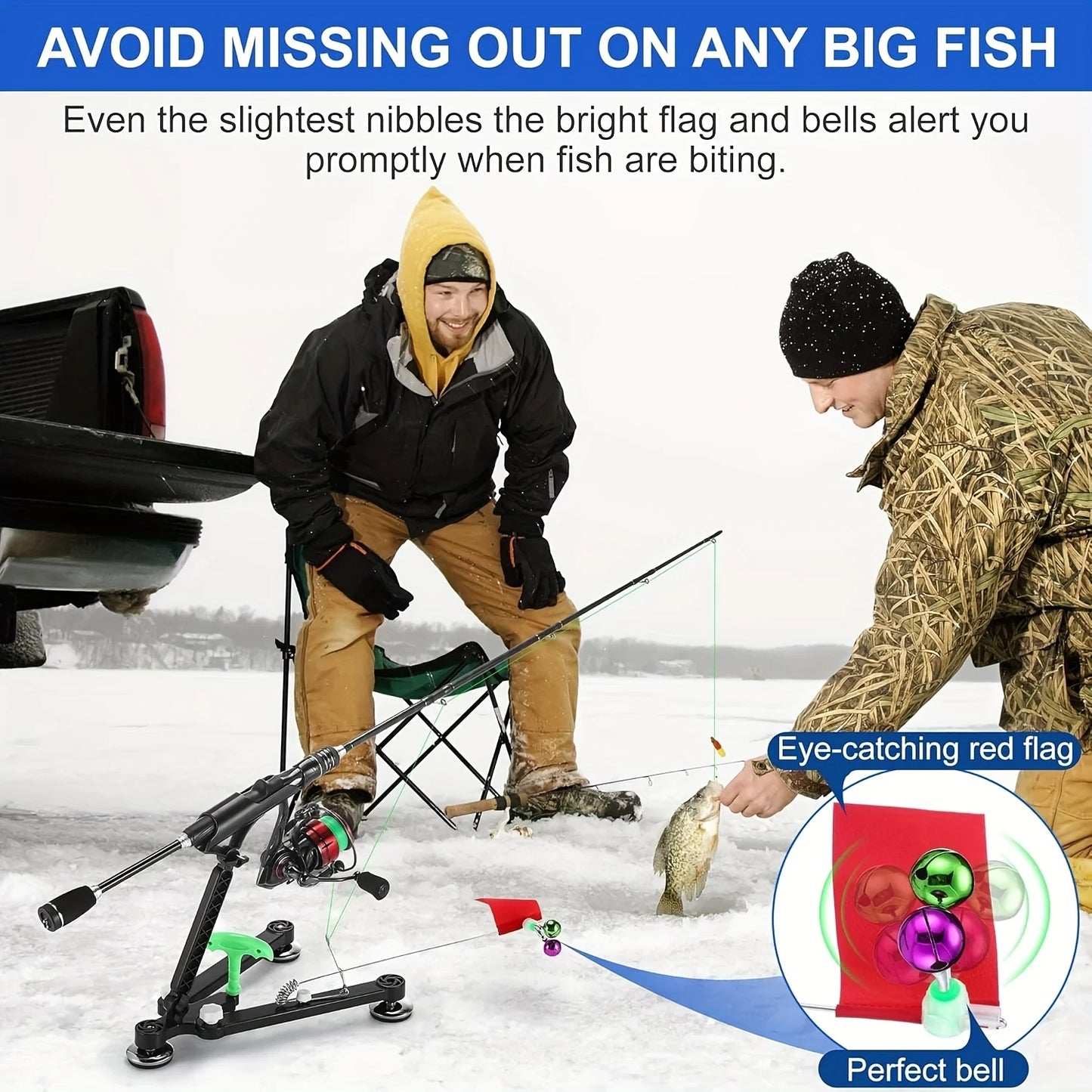 Foldable Ice Fishing Rod Holder with Bell & Flag - Adjustable Ice Auger-Compatible Bracket, Portable Winter Fishing Accessories