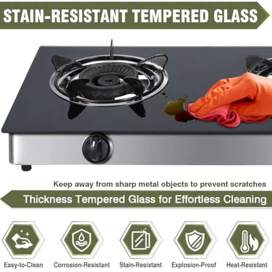 Portable Double Burner Propane Gas Cooktop with Auto Ignition for Outdoor Camping RV and Kitchen Use 19 000 BTU Tempered Glass