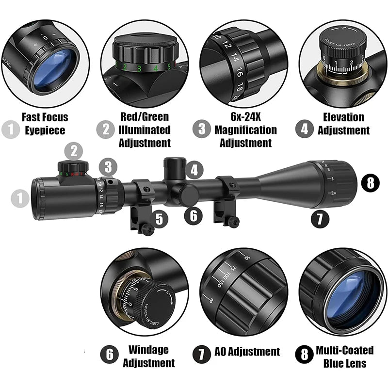 6-24x50 AO Rifle Scope Hunting Long-Range Scope Illuminated Red/Green Reticle Tactical Optical Sight for Rifle