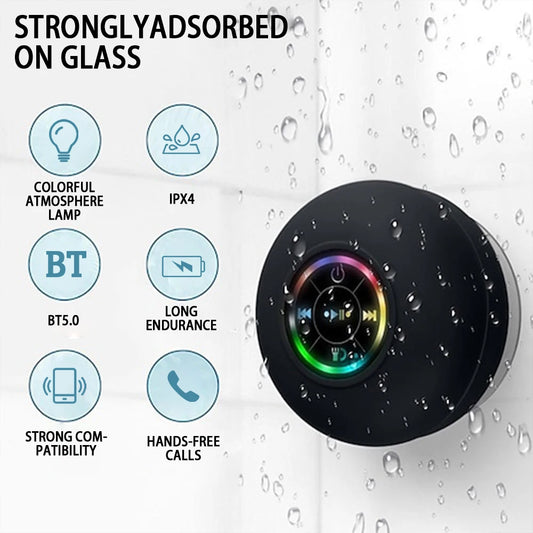 Mini Portable Wireless Bluetooth Speaker - IPX4 Waterproof LED Loudspeaker with Large Suction Cup for Outdoor, Bathroom & Travel