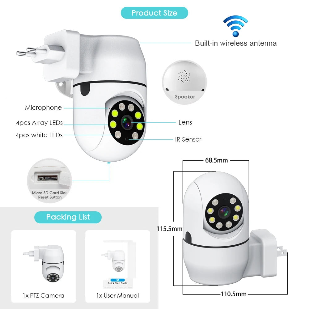 Tuya PTZ IP Camera Wireless Human Auto Tracking Cctv Security Surveillance Color IR NightVision Wifi Plug HD Home Cam Smart Life