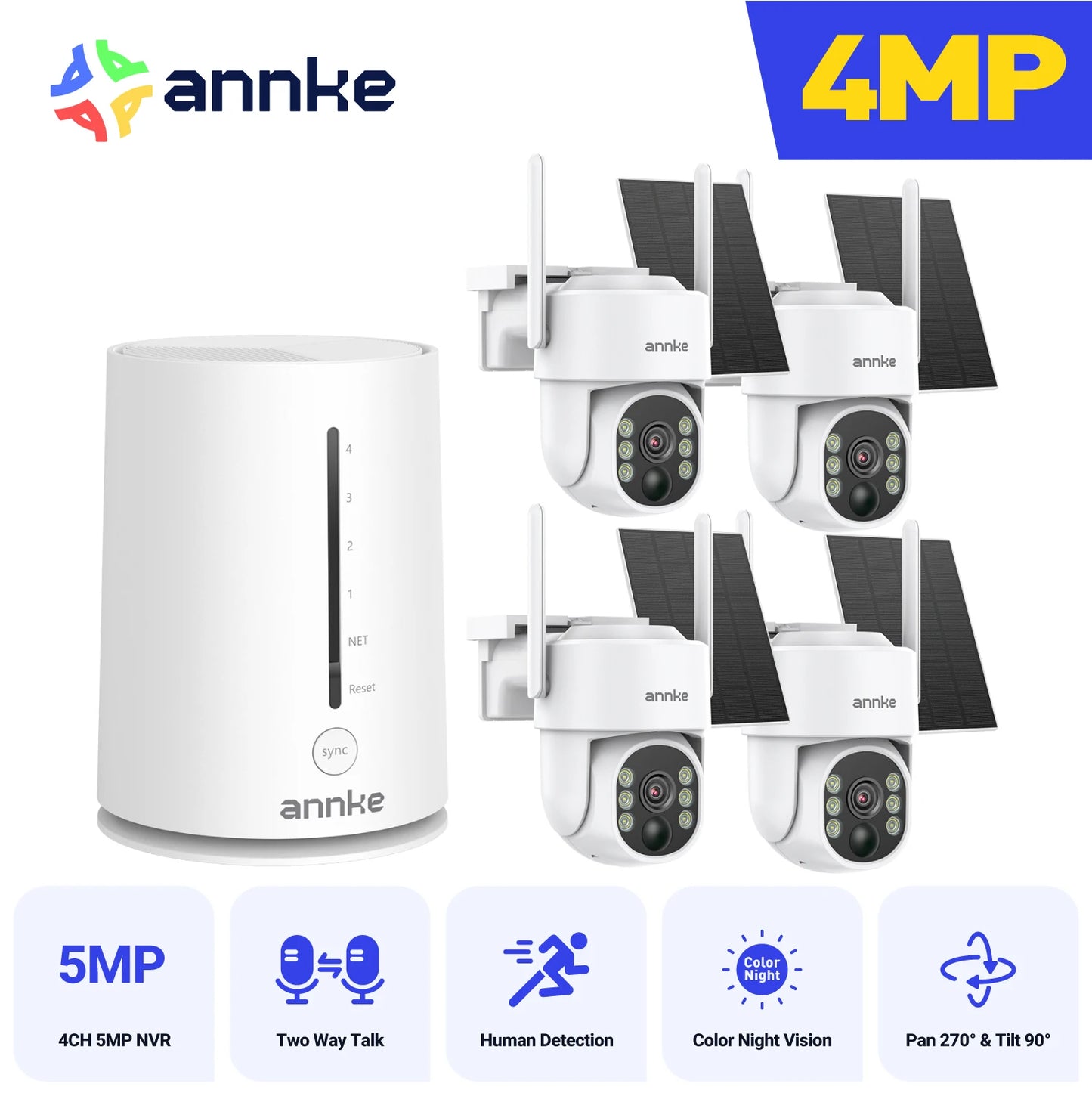 ANNKE 4MP Scalable Wireless Security Camera System 4CH 5MP Wireless NVR IP65 4MP PIR Two-way Audio Solar PT Camera