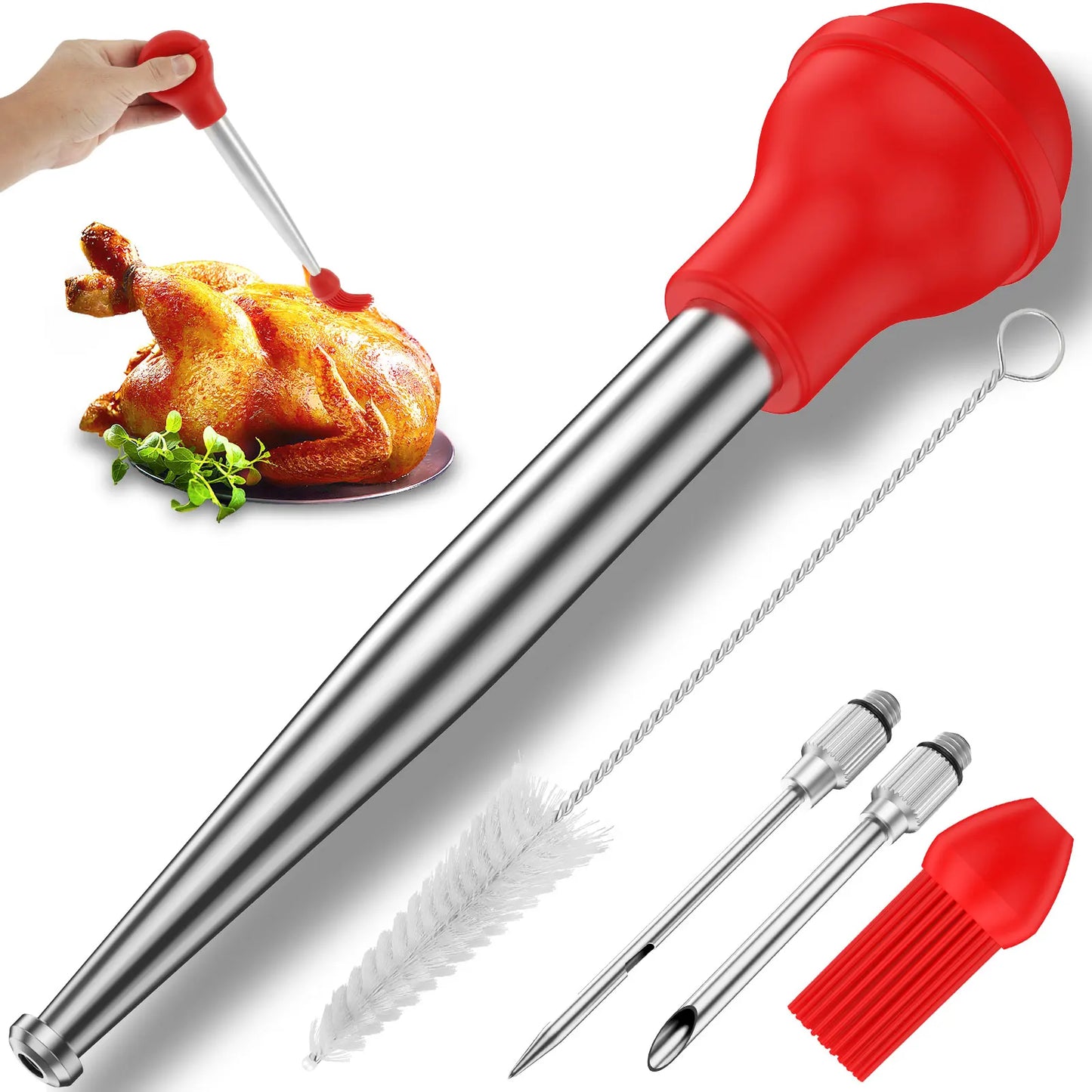 Turkey Baster Set Seasoning Sauce Injection Pump Stainless Steel Turkey Baster Syringe Meat Marinade Injector Needle for Kitchen