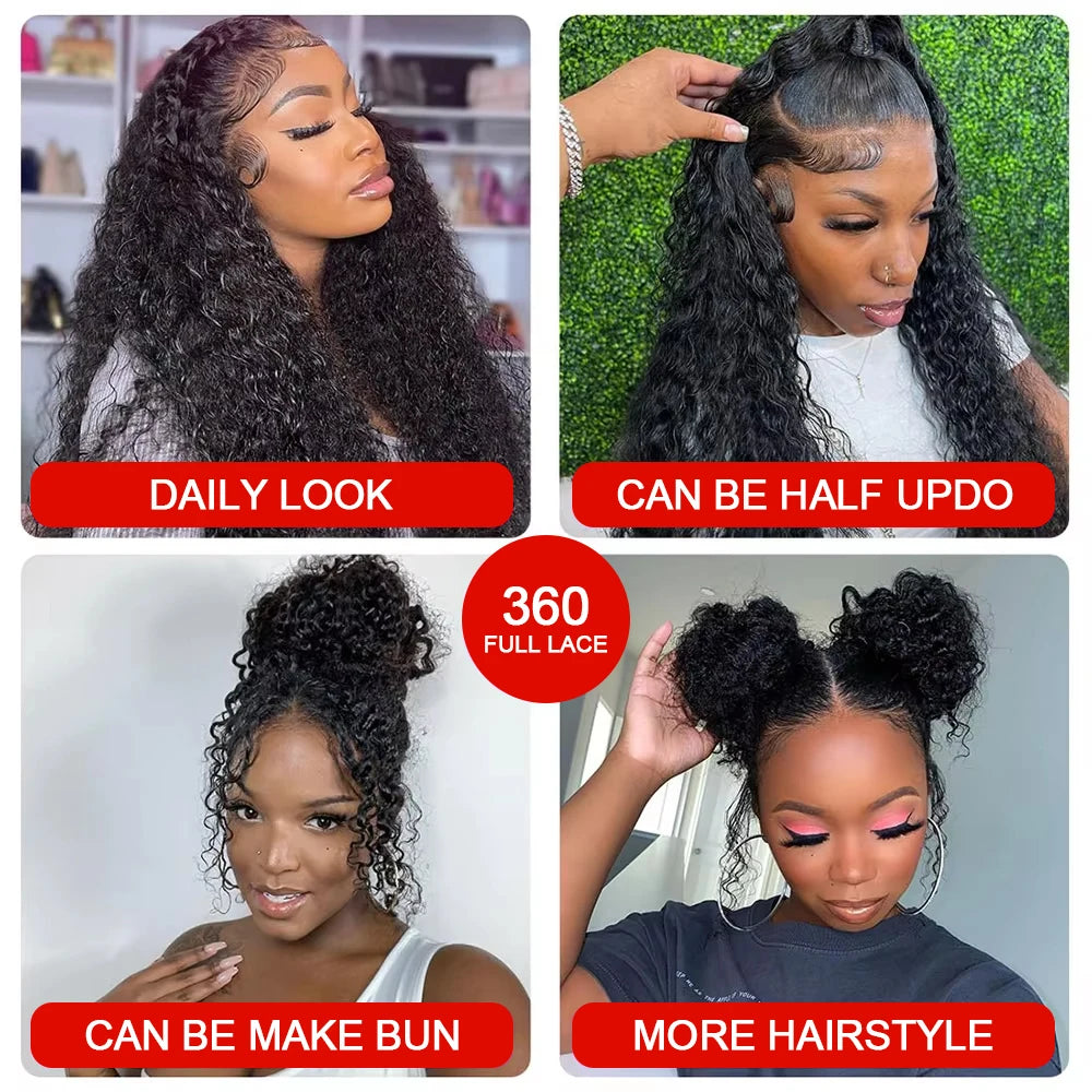 300% Density Curly Wigs HD 360 Full Lace Front Human Hair Wigs Brazilian 40 46 Inch Water Deep Wave Lace Frontal Wigs For Women