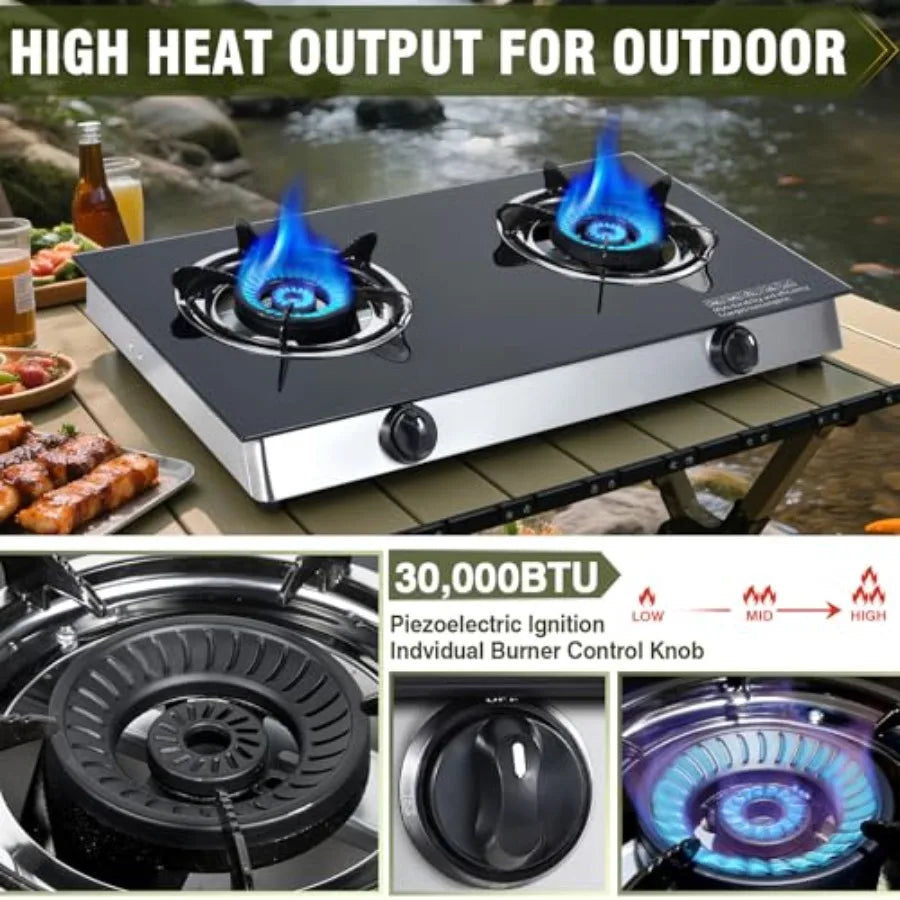 Portable Double Burner Propane Gas Cooktop with Auto Ignition for Outdoor Camping RV and Kitchen Use 19 000 BTU Tempered Glass