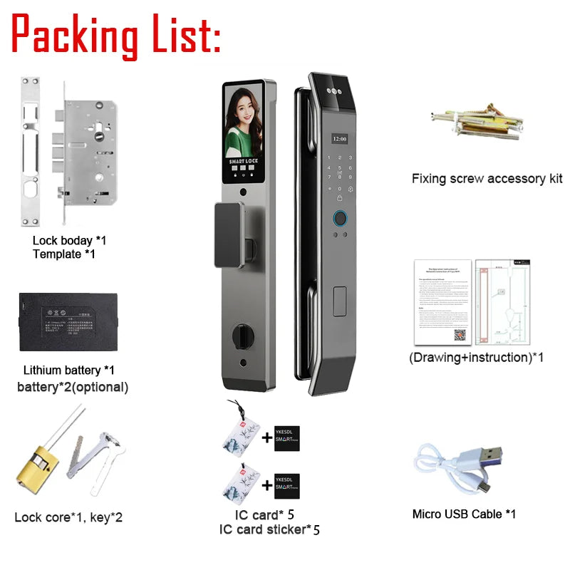 Tuya APP Smart Life APP Control Voice Intercom Smart Lock 3D Face Recognition Fingerprint Password Smart  Door Lock With Camera