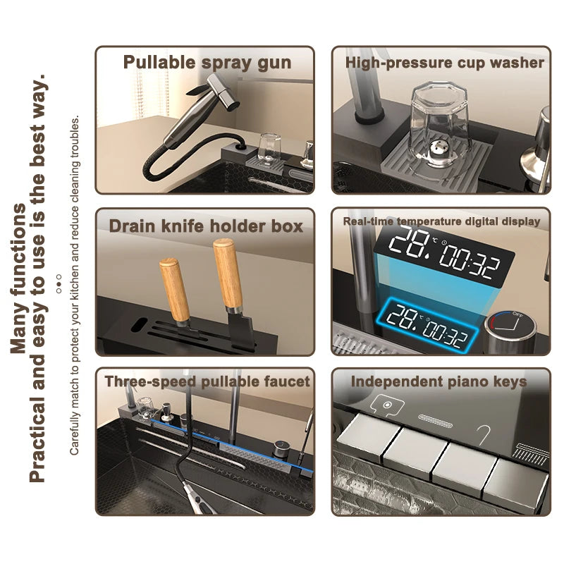 Stainless Steel Waterfall Kitchen Sink New Embossed Extra Large Single Slot Modern Digital Display Multifunctional Kitchen Sinks