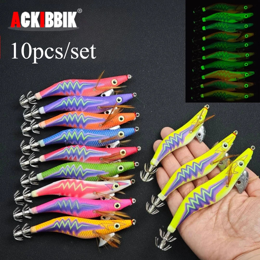 10pcs/set Glow Shrimp Fishing Lure Saltwater Real Shrimp Prawn Lures Cuttlefish Wood Shrimp Baits Squid Jig Fishing Accessories