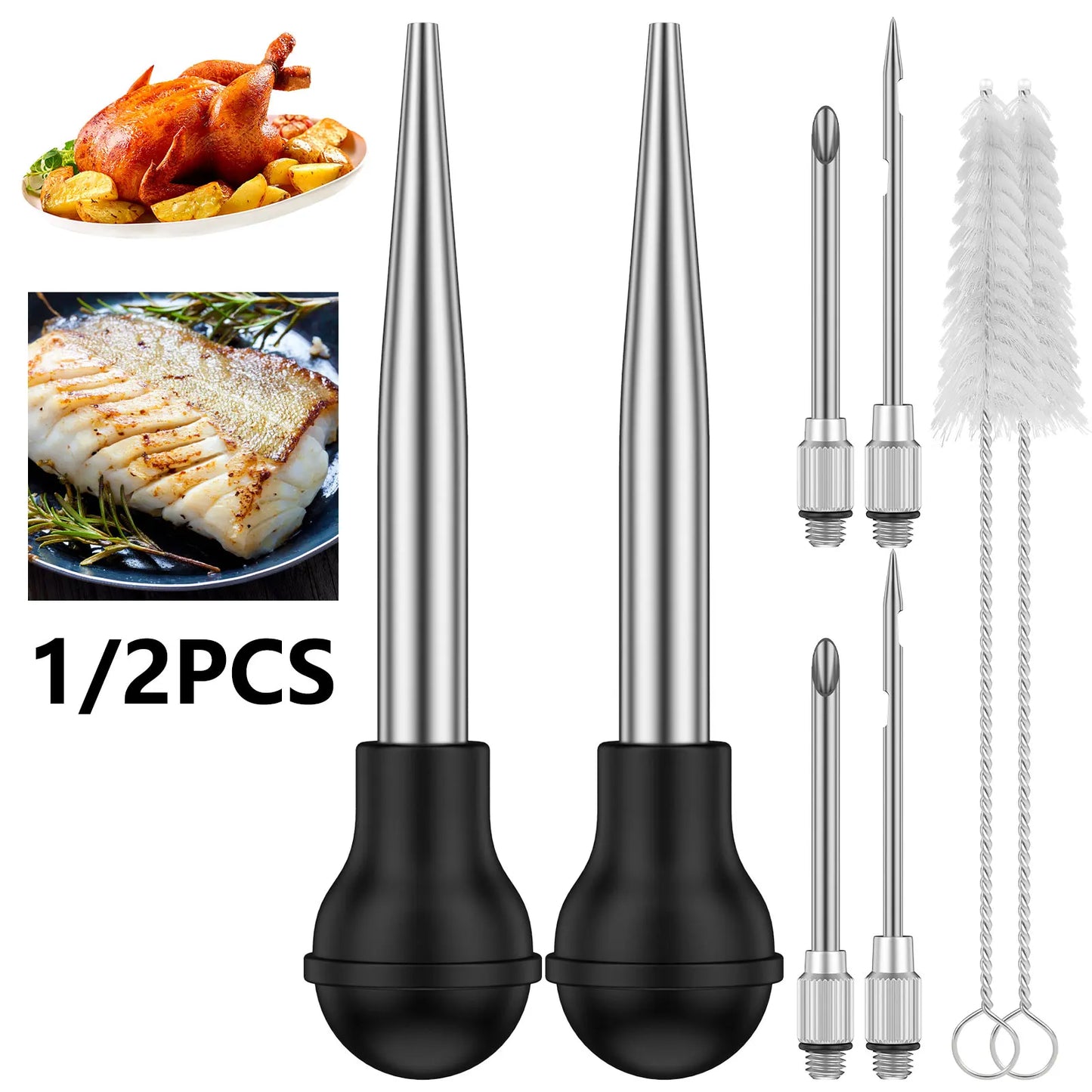 Turkey Baster Set Seasoning Sauce Injection Pump Stainless Steel Turkey Baster Syringe Meat Marinade Injector Needle for Kitchen