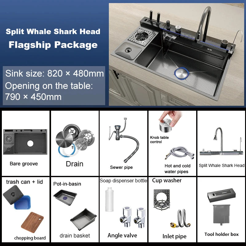 Stainless Steel Waterfall Kitchen Sink New Embossed Extra Large Single Slot Modern Digital Display Multifunctional Kitchen Sinks