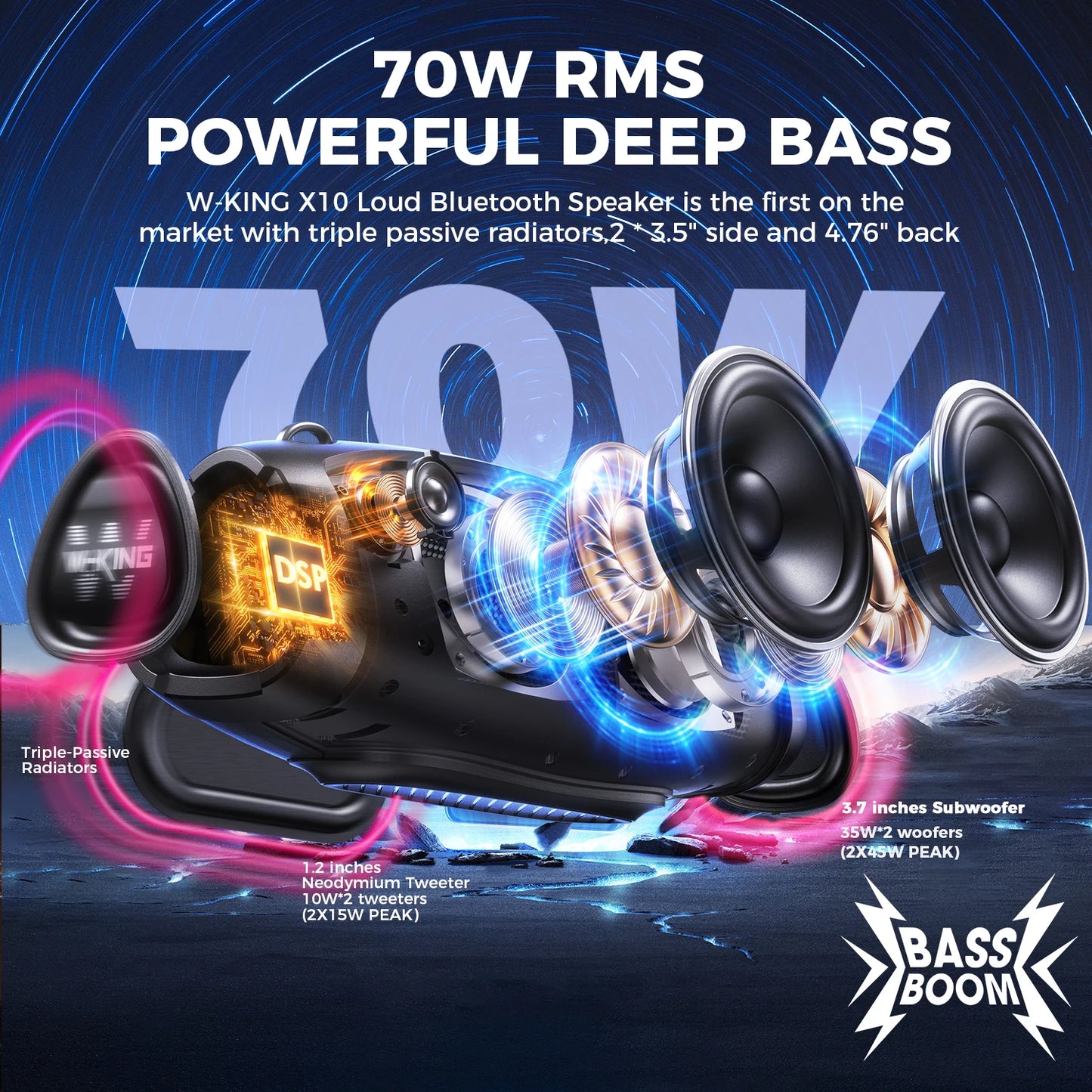 W-KING (120W PEAK)70W Portable Loud Bluetooth Speakers with Wireless Microphone,  Waterproof Outdoor Wireless Bluetooth