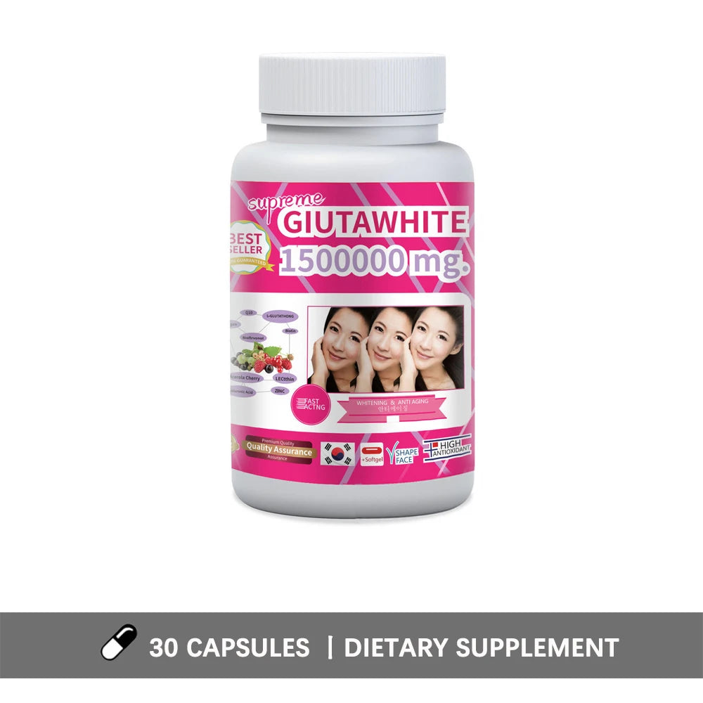 GLUTA WHITE 1500000MG Glutathione Skin Whitening Supplement Anti Aging, UV Protection, Even Skin Tone & Scar 30 Softgel Capsules