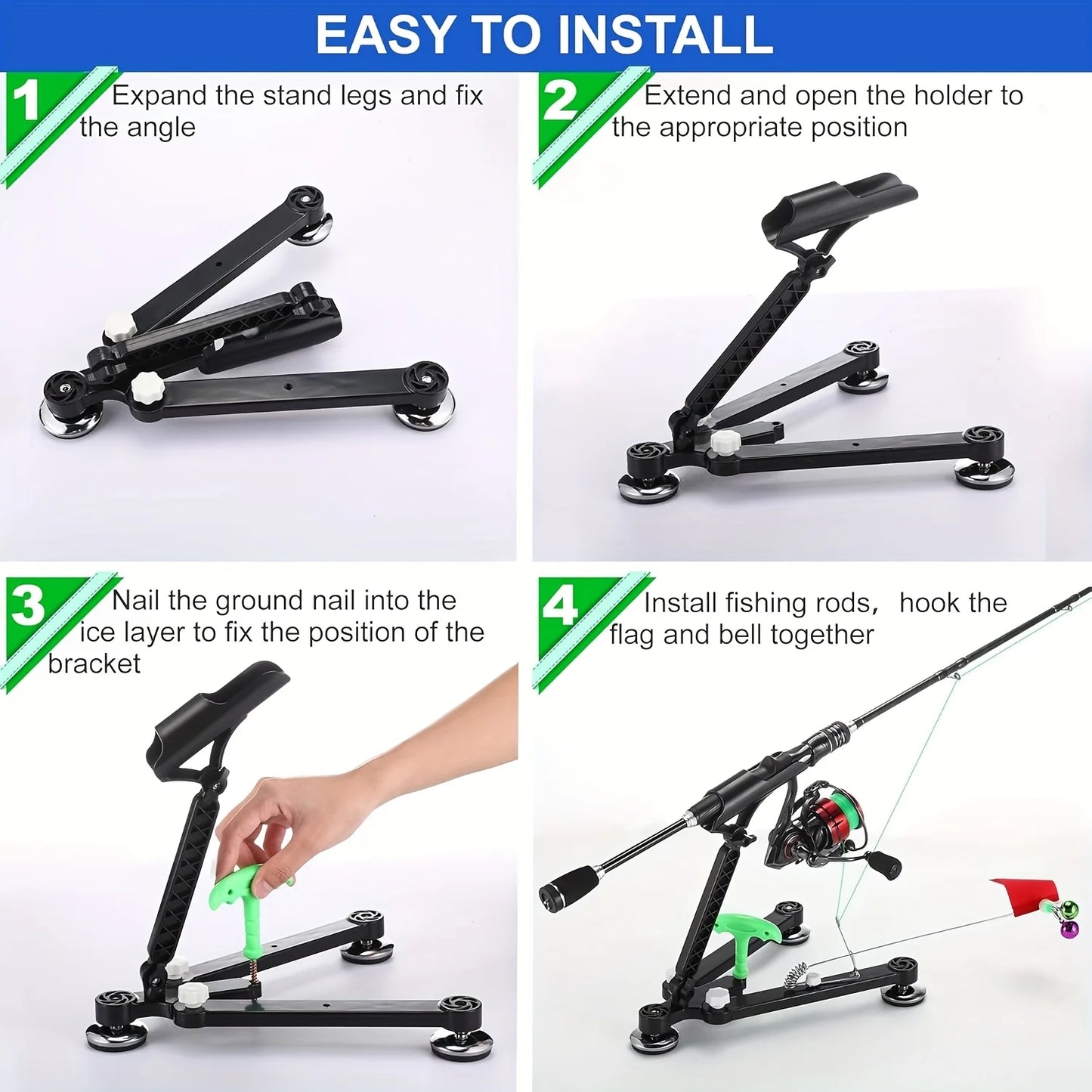 Foldable Ice Fishing Rod Holder with Bell & Flag - Adjustable Ice Auger-Compatible Bracket, Portable Winter Fishing Accessories