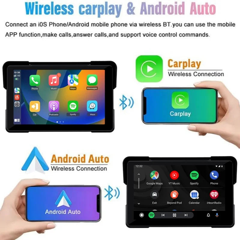 Jansite 5/7 inch Carplay Motorcycle DVR Navigation GPS Wireless CarPlay Android Auto IPX7 Display Screen Portable Moto Monitor