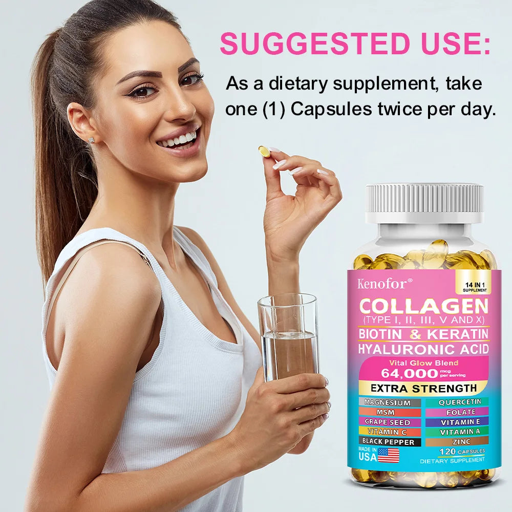 14 IN 1 Collagen Capsules - Biotin & Keratin Skin Care Product Booster Anti Aging Whitening Skin Nail and Hair Care Supplement