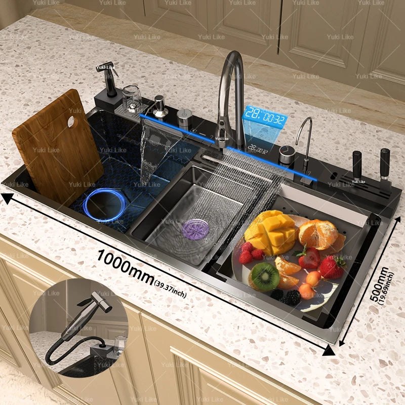 Stainless Steel Waterfall Kitchen Sink New Embossed Extra Large Single Slot Modern Digital Display Multifunctional Kitchen Sinks