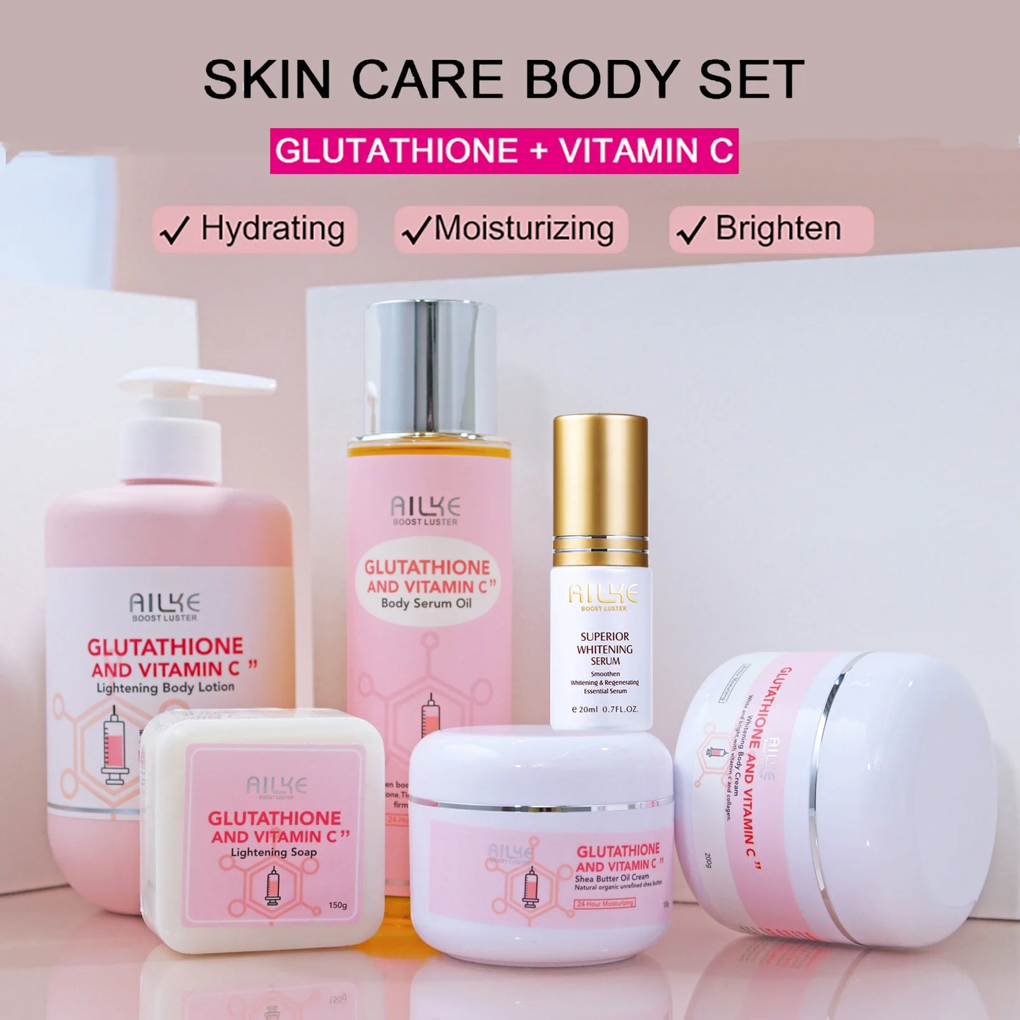 AILKE Glutathione & Vitamin C Kit, With Brightening Lotion, Moisturizing Cream, Lightening Soap, Spa Oil, Glowing Body Cream