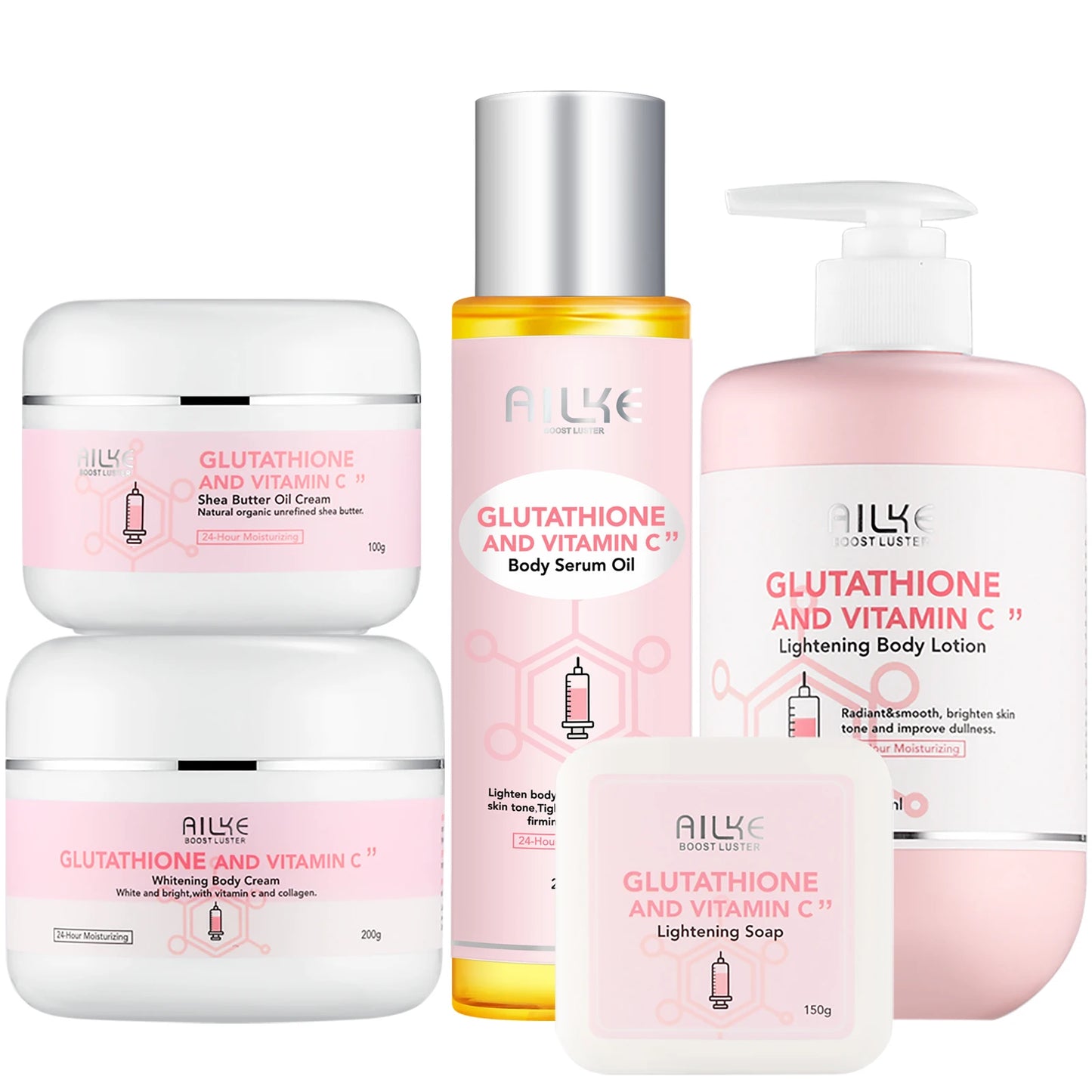 AILKE Glutathione & Vitamin C Kit, With Brightening Lotion, Moisturizing Cream, Lightening Soap, Spa Oil, Glowing Body Cream