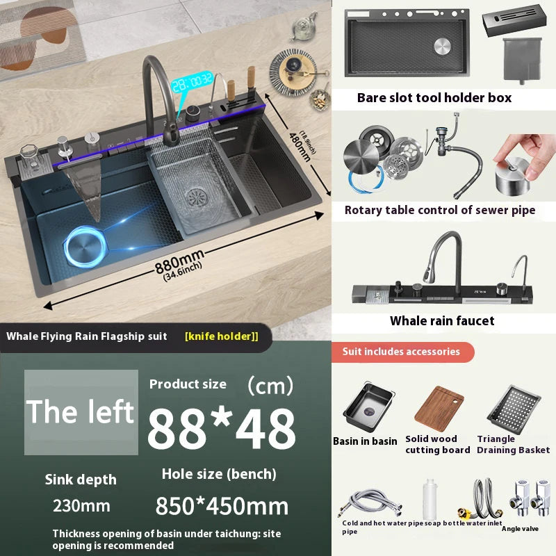 Stainless Steel Waterfall Kitchen Sink New Embossed Extra Large Single Slot Modern Digital Display Multifunctional Kitchen Sinks