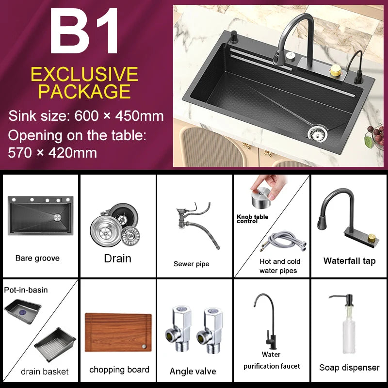 Stainless Steel Waterfall Kitchen Sink New Embossed Extra Large Single Slot Modern Digital Display Multifunctional Kitchen Sinks