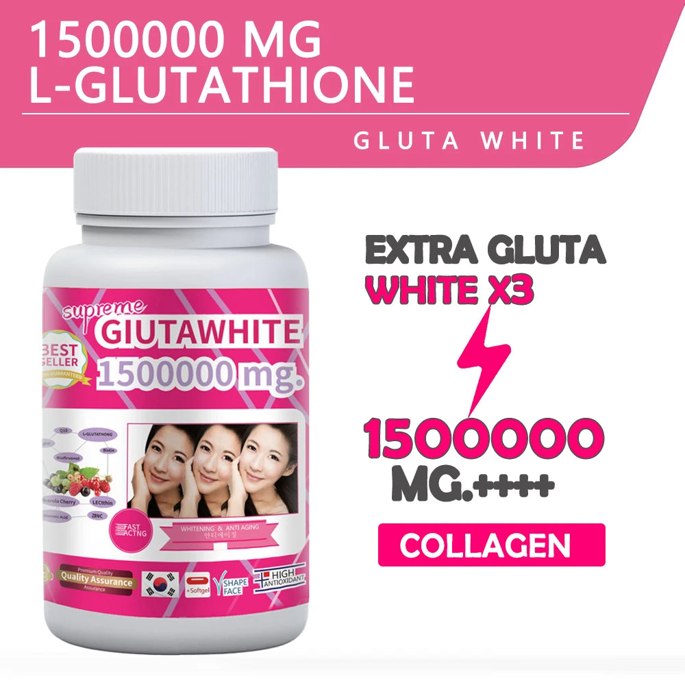 GLUTA WHITE 1500000MG Glutathione Skin Whitening Supplement Anti Aging, UV Protection, Even Skin Tone & Scar 30 Softgel Capsules