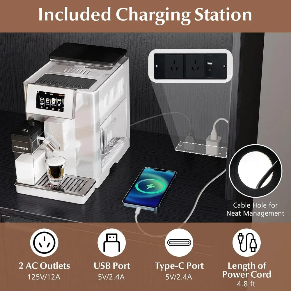 Kitchen Pantry Cabinet with Charging Station, Tall Buffet Hutch, Storage Cabinets, Adjustable Shelves, Wine Racks for Home Organ