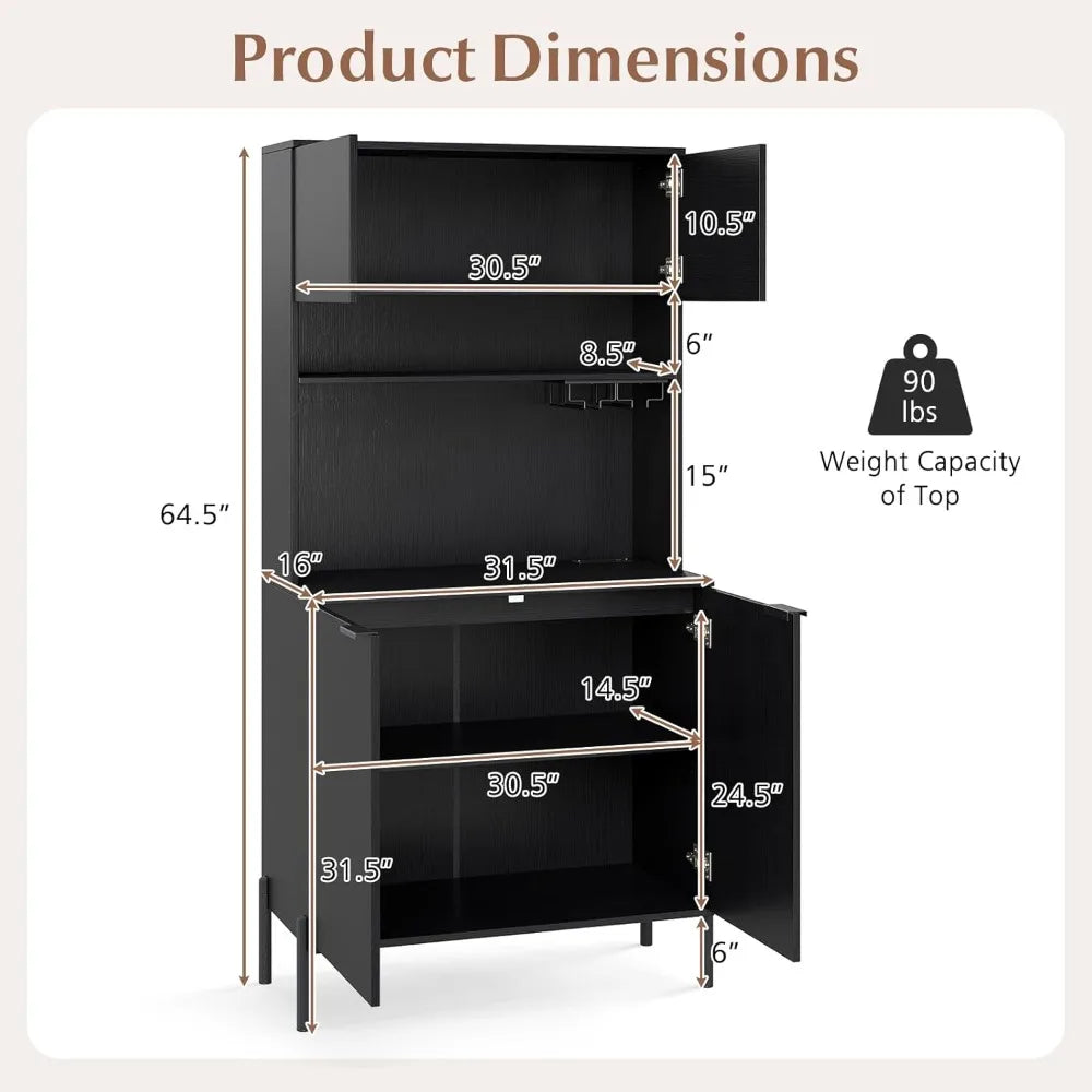 Kitchen Pantry Cabinet with Charging Station, Tall Buffet Hutch, Storage Cabinets, Adjustable Shelves, Wine Racks for Home Organ