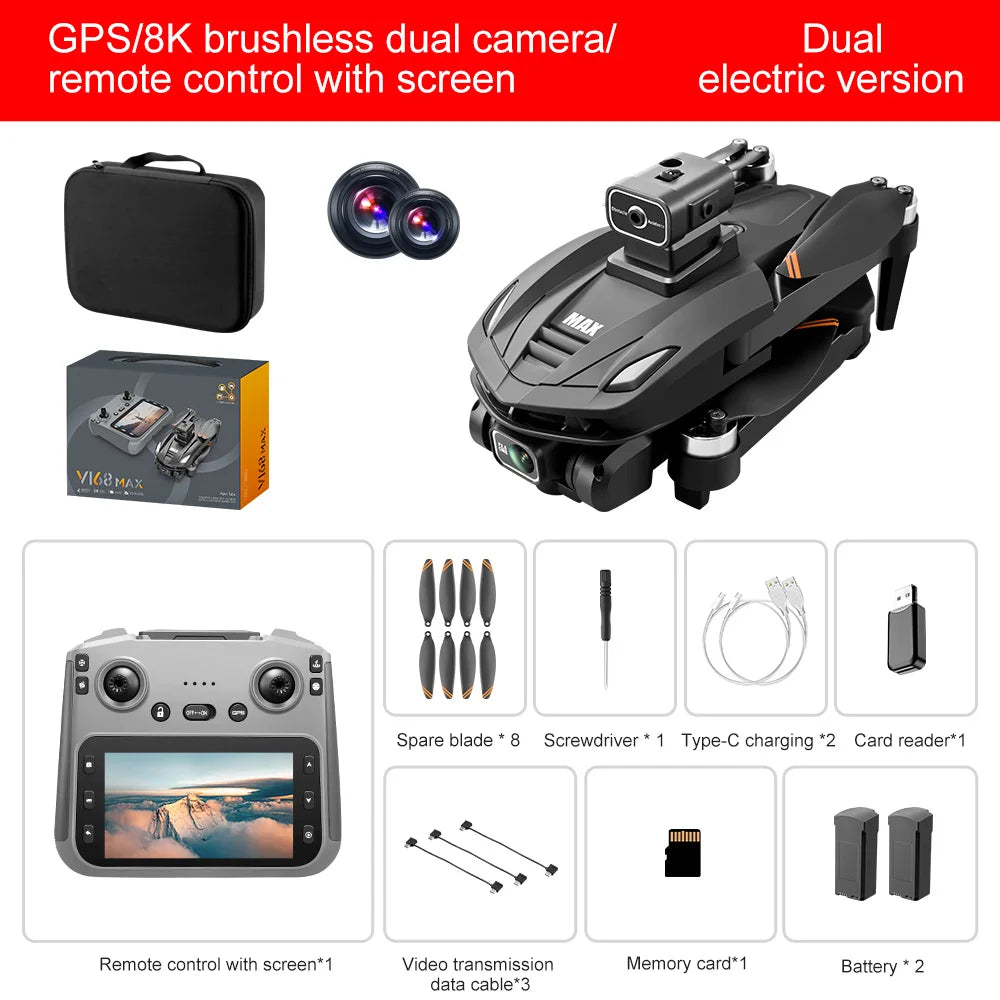 V168 Max Mini Drone Screen Ccontrol 8K HD Dual Cameras Remote 5G WIFI FPV Remote Control Portable Obstacle Avoidance Drone
