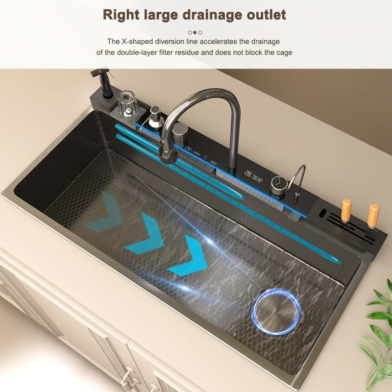 Stainless Steel Waterfall Kitchen Sink New Embossed Extra Large Single Slot Modern Digital Display Multifunctional Kitchen Sinks