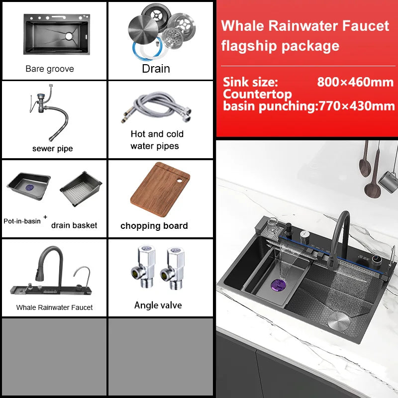 Stainless Steel Waterfall Kitchen Sink New Embossed Extra Large Single Slot Modern Digital Display Multifunctional Kitchen Sinks