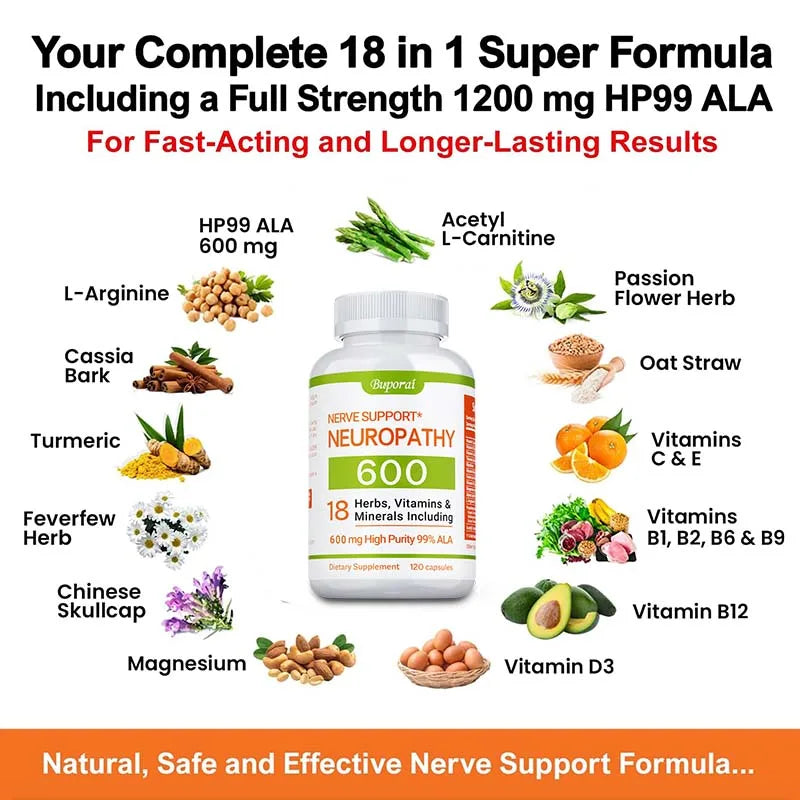 Neuropathy Support Supplement 600mg - Antioxidant, Promotes Nerve Health, Cellular Energy, Metabolism and Anti-aging, Non-GMO