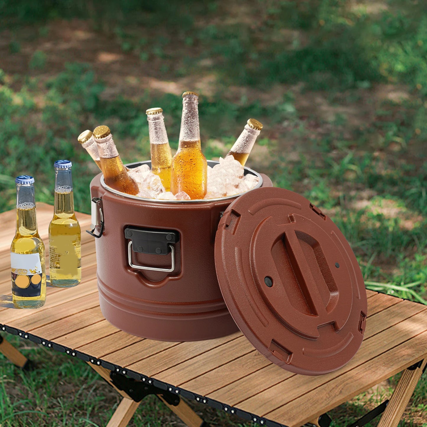 30L Food Warmer, Stainless Steel Food Cooler, Brown Insulated Food Carrier, Commercial Soup Container for Hot or Cold Food