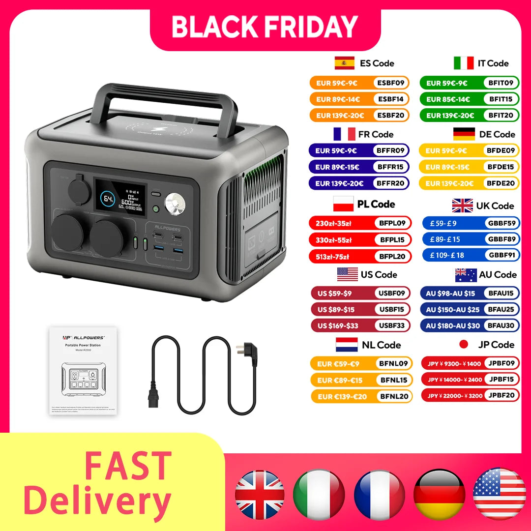 ALLPOWERS Portable Power Station R600, 299Wh LiFeP04 Battery with 2x 600W (1200W Surge) AC Outlets for Outdoor Camping RV Home