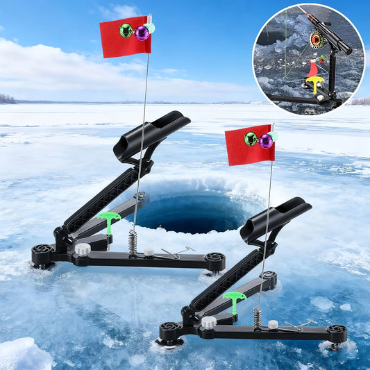 Foldable Ice Fishing Rod Holder with Bell & Flag - Adjustable Ice Auger-Compatible Bracket, Portable Winter Fishing Accessories