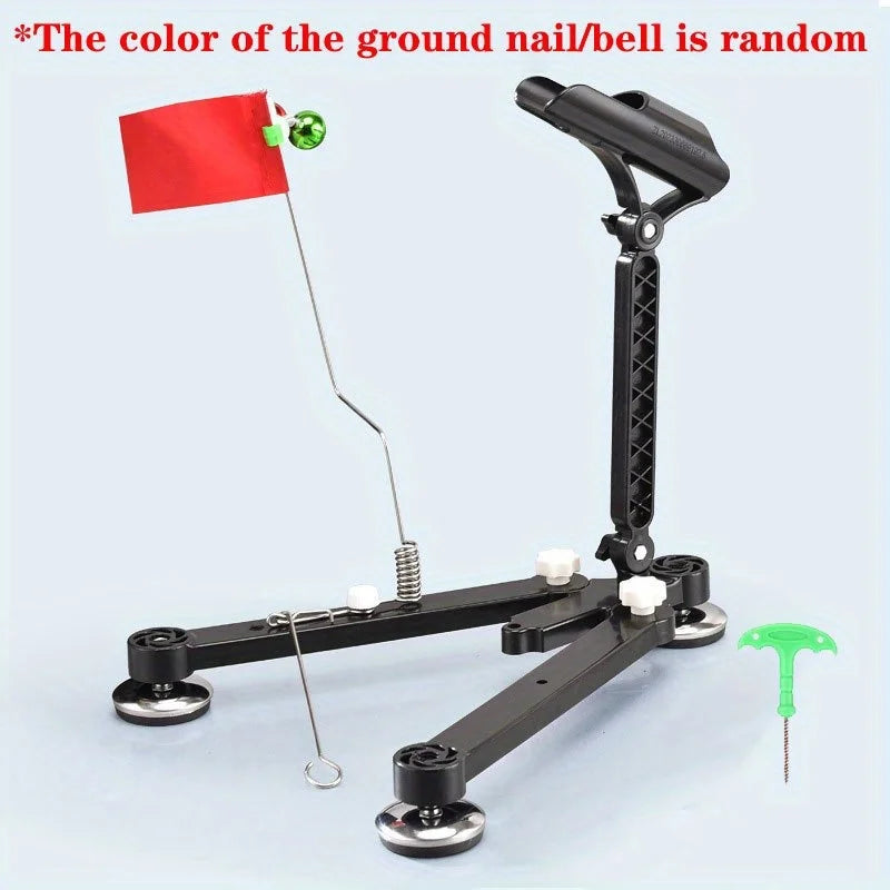 Foldable Ice Fishing Rod Holder with Bell & Flag - Adjustable Ice Auger-Compatible Bracket, Portable Winter Fishing Accessories