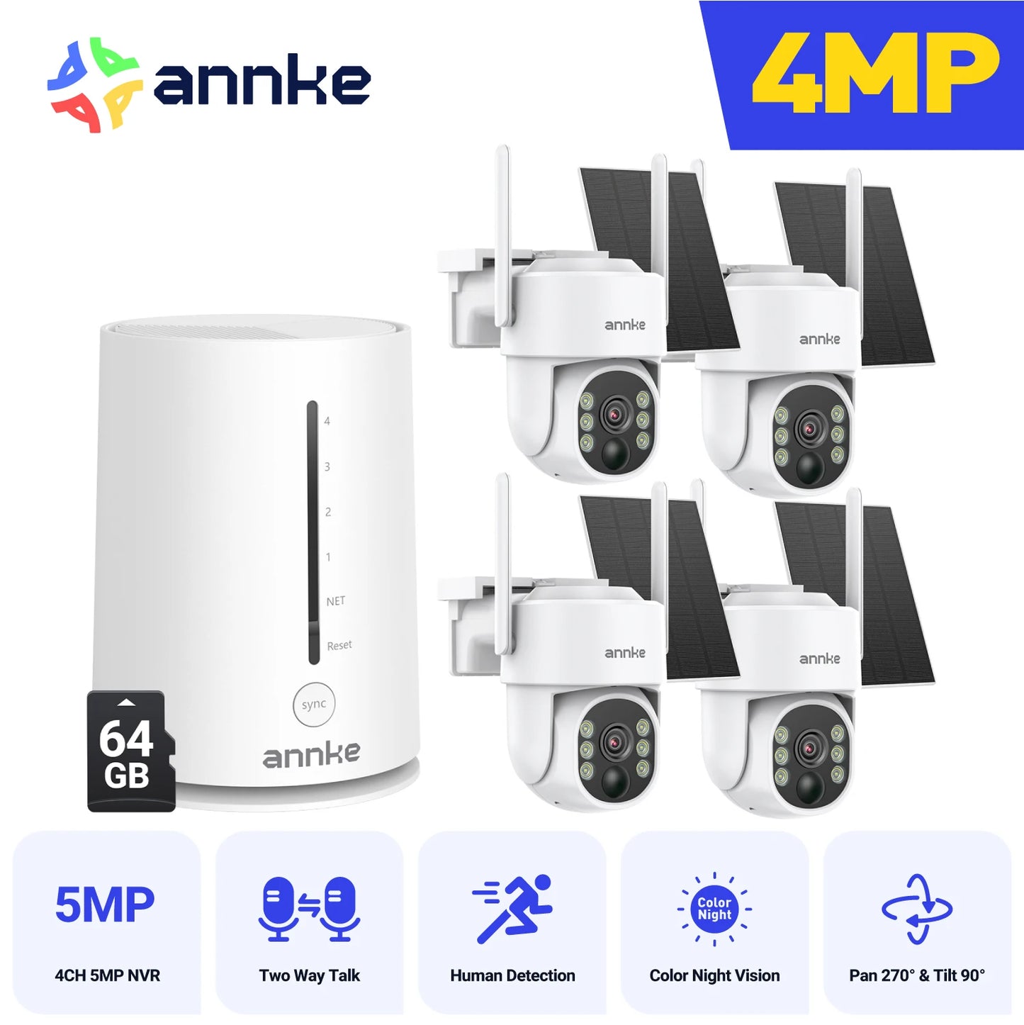 ANNKE 4MP Scalable Wireless Security Camera System 4CH 5MP Wireless NVR IP65 4MP PIR Two-way Audio Solar PT Camera