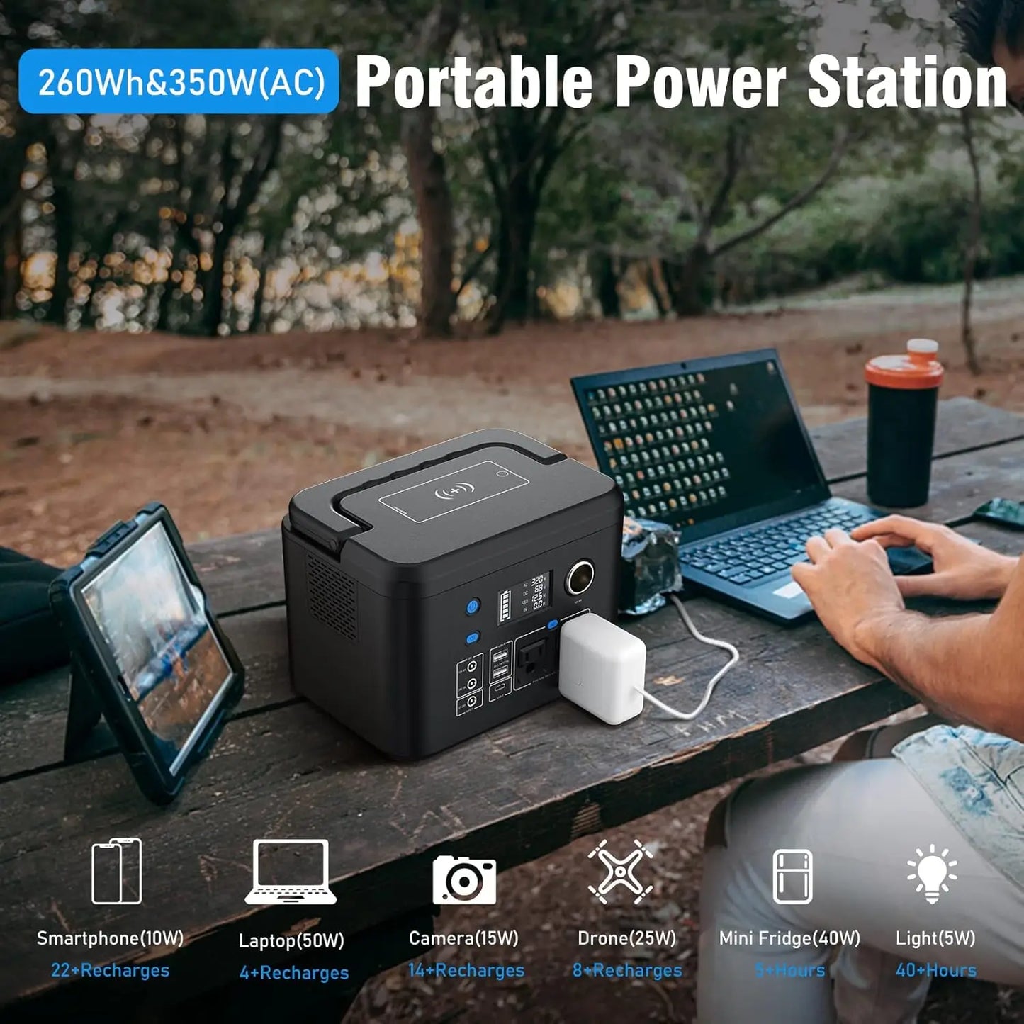Powkey Portable Power Station 350W 260Wh/70000mAh Backup Lithium Battery, 110V Pure Sine Wave Power Bank for Outdoors Camping