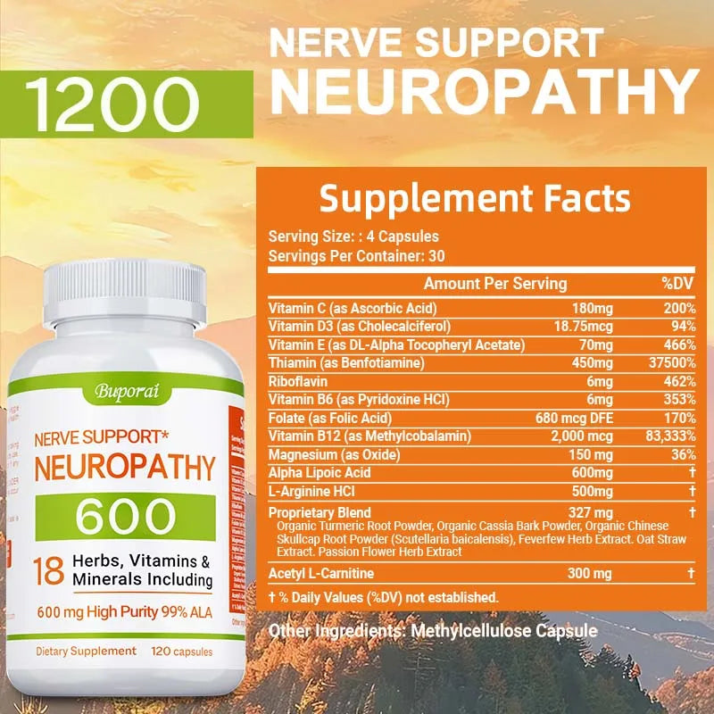 Neuropathy Support Supplement 600mg - Antioxidant, Promotes Nerve Health, Cellular Energy, Metabolism and Anti-aging, Non-GMO